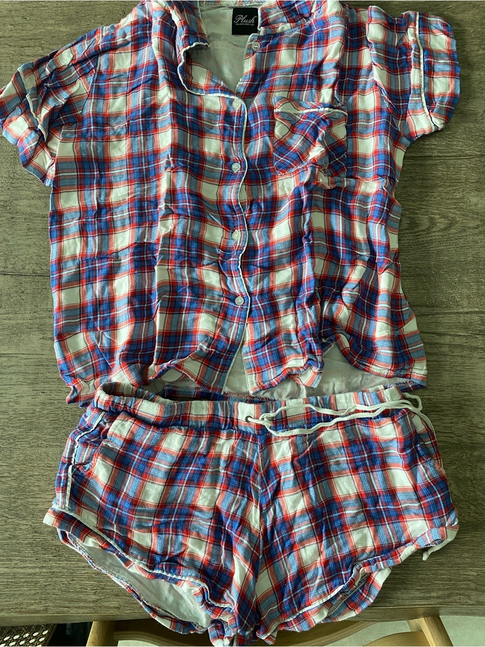 Plaid Short-Sleeve Button Pajama Set in Red, Blue & White